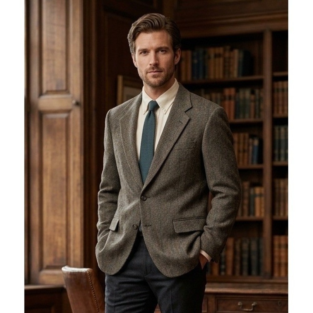 Cricketeer Wool Sport Coat Men's 42L Brown Herringbone Tweed Two Button Blazer‎